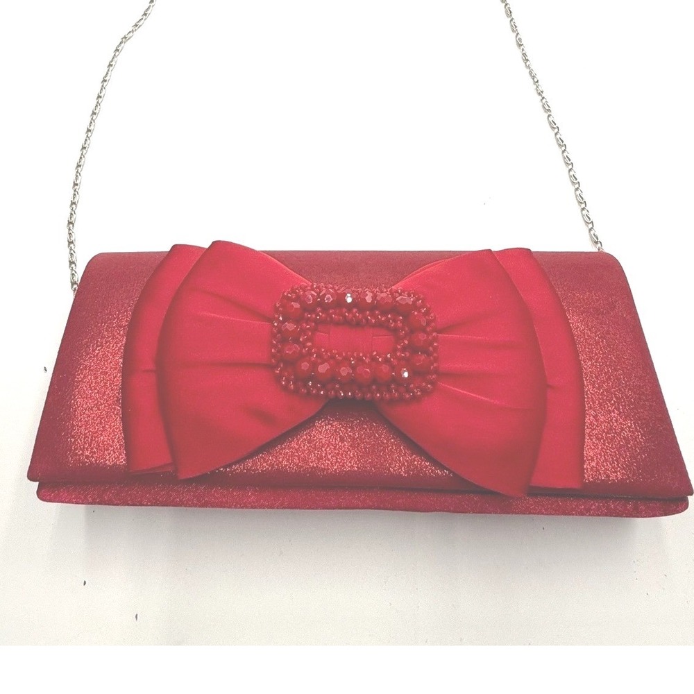 Whittall & Shon Red Satin Bow Beaded Buckle Evening Clutch Shoulder‎ Bag